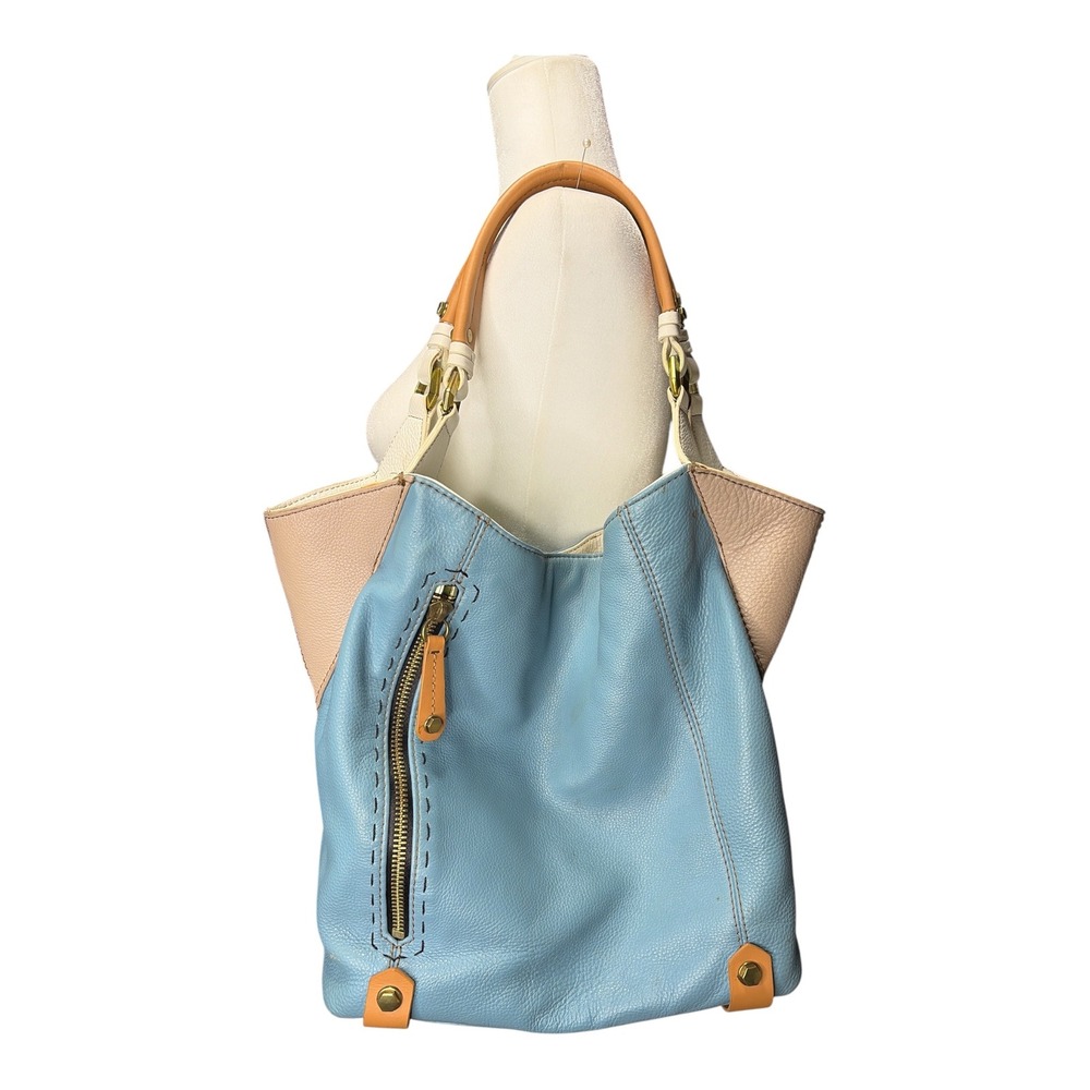 ORYANY Light Blue Colorblock Pebbled Leather Hobo Shoulder Bag Gold Hardware